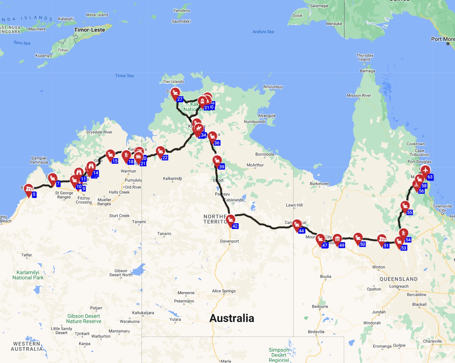 Map for Broome To Cairns - The Kakadu  Coral Coast Journey